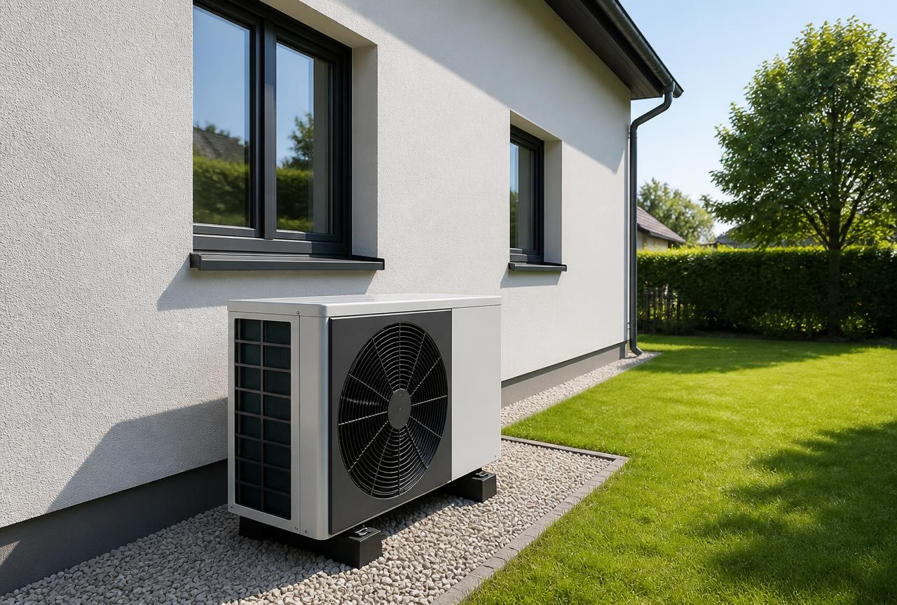 Wärmepumpe an einem energetisch sanierten Wohnhaus