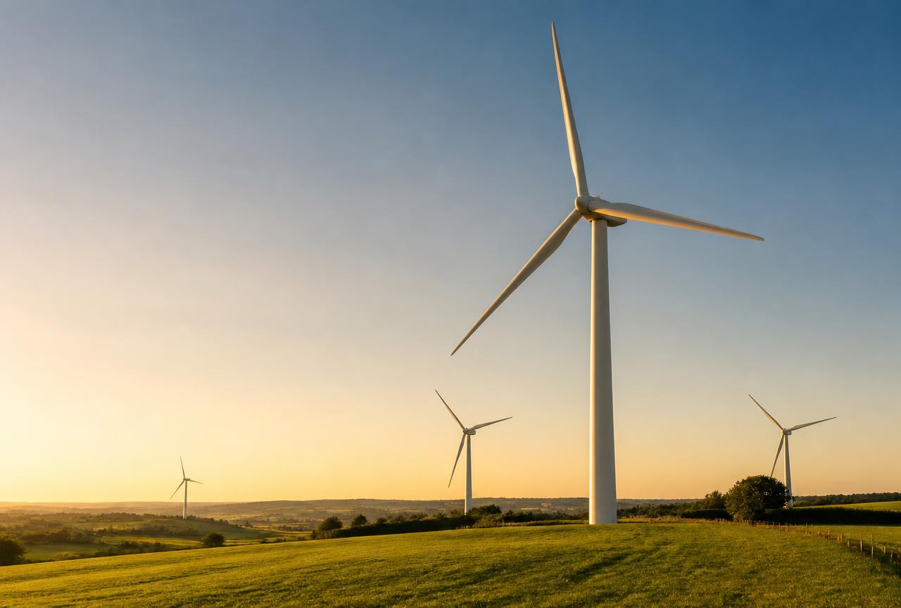 Windkraftanlagen in einer Landschaft im Abendlicht als Symbol nachhaltiger Energieplanung